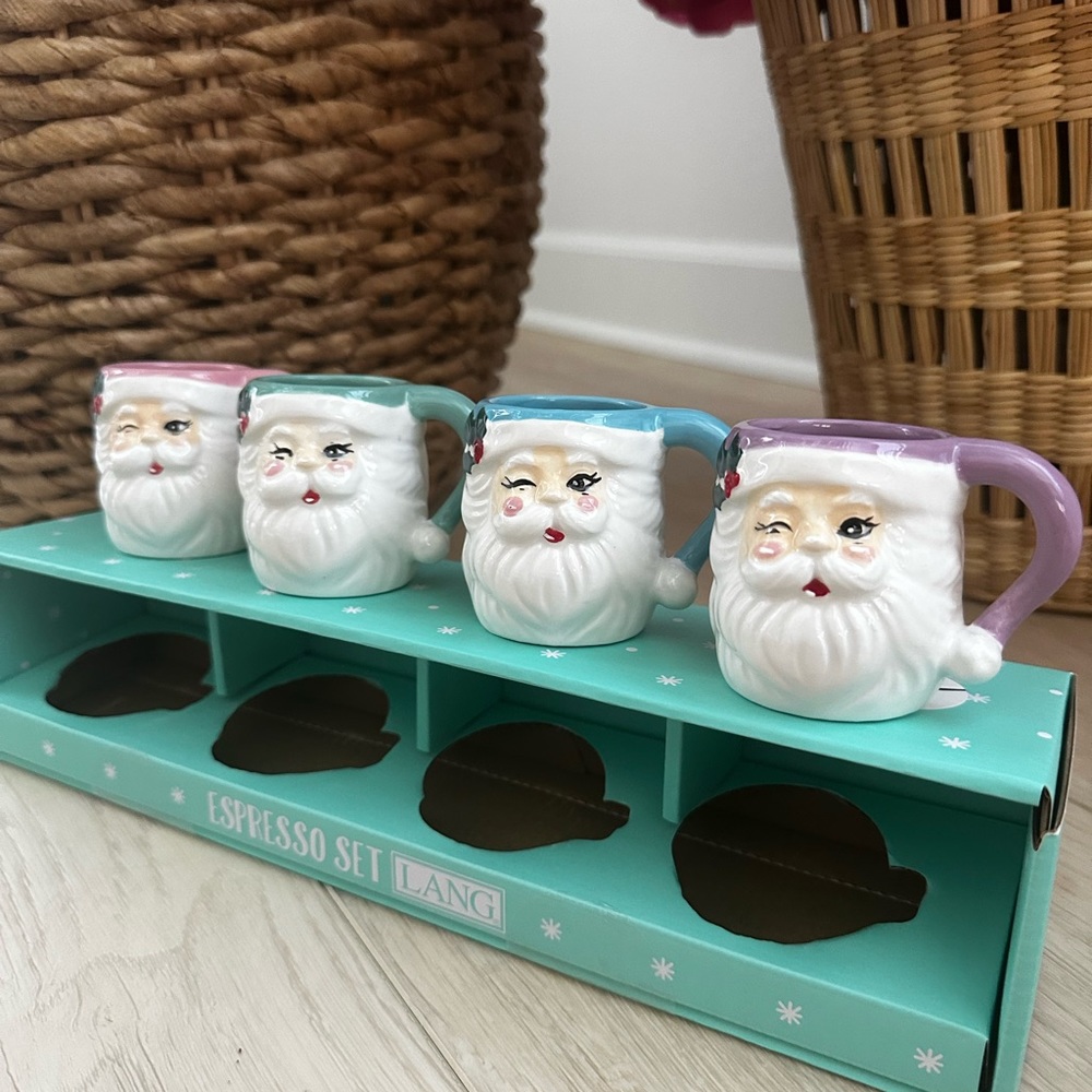 Vintage Lang glass Santa retro pastel espresso mugs set of 4 holiday gift set